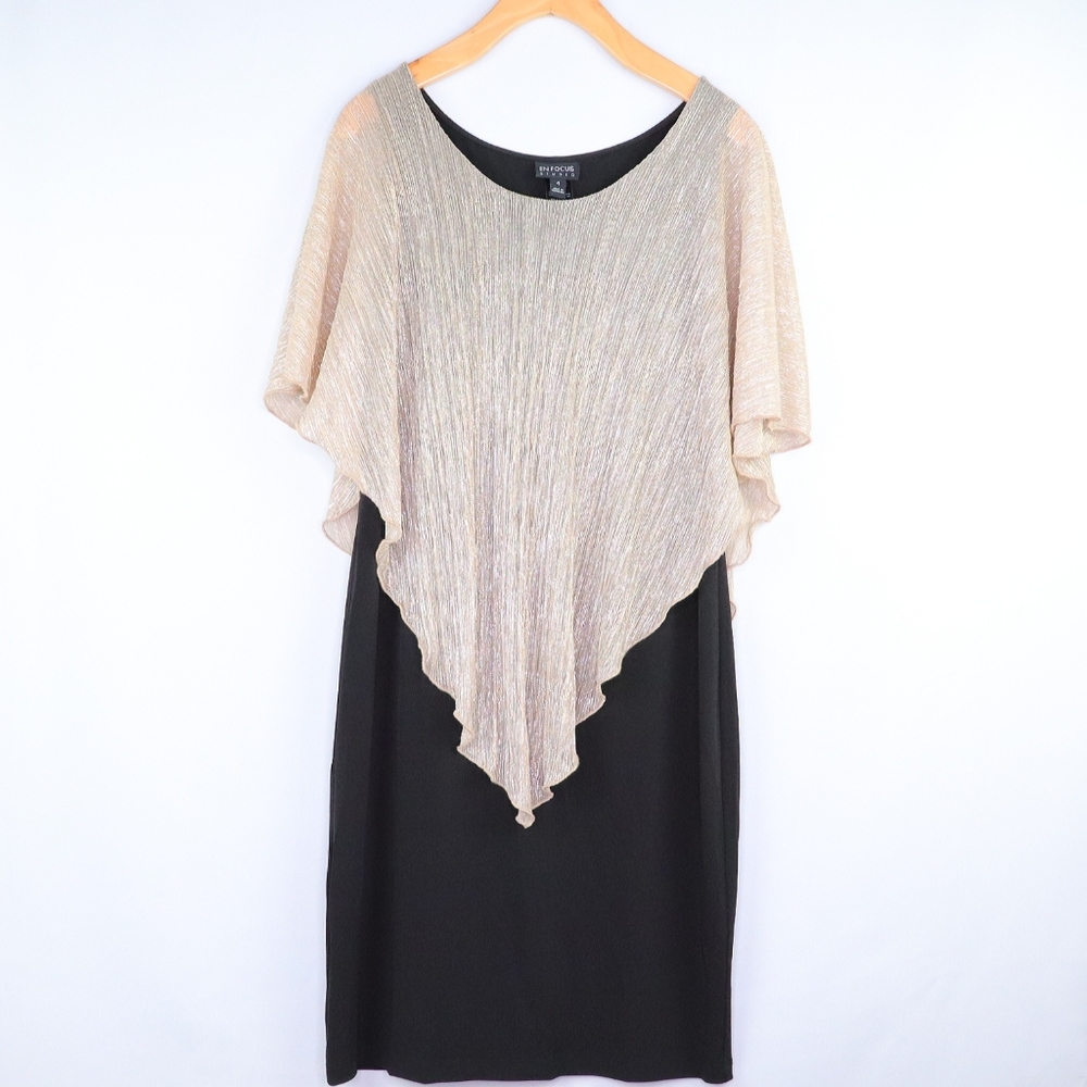 Enfocus Studios | Gold Sheer V-Shawl Sheath Dress